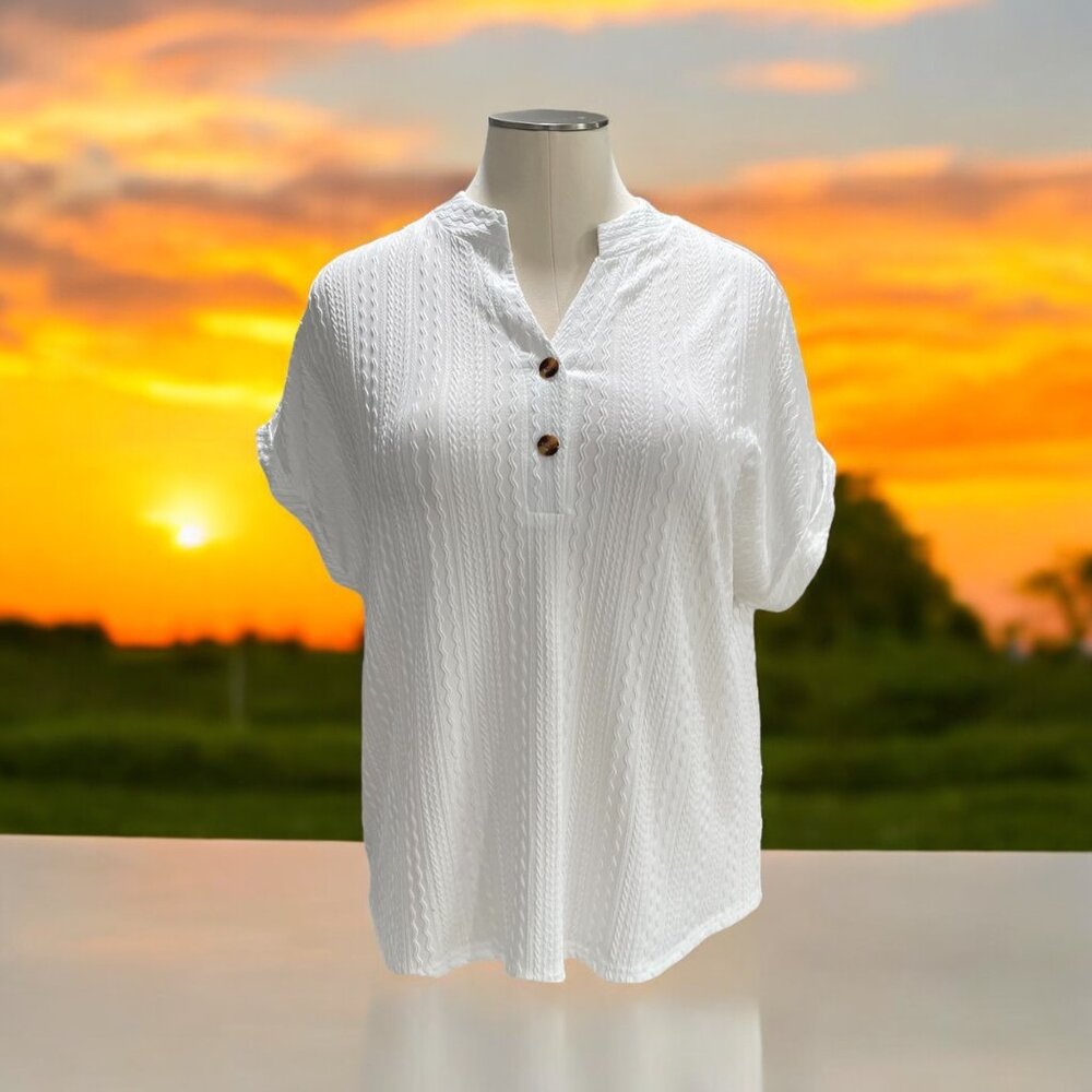 Unbranded White Textured Button-Down Top 2XL Rolled Sleeves‎ Casual Office Comfy